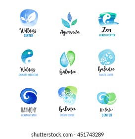 Alternative medicine and wellness, yoga concept - vector watercolor icons