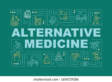 Alternative medicine word concepts banner. Complementary medical practice and technique. Infographics with linear icons on green background. Isolated typography. Vector outline RGB color illustration