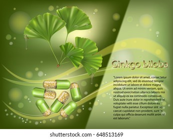 Alternative medicine.Ginkgo biloba leaves and medicine capsule pills