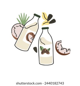 Alternative milk of almond and coconut in glass bottles. Lactose free dairy products, milkshakes. Organic vegan drink. Vegetarian diet, nutrition. Flat isolated vector illustration on white background