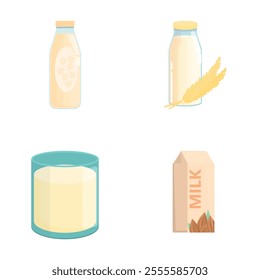 Alternative milk icons set cartoon vector. Vegan milk in carton box and glass. Lactose free drink