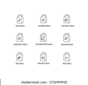 Alternative milk, vegan milk, vegetable milk simple thin line icon set vector illustration. Contains icons : soya, coconut, almond, walnut, cashew, rice, oat, hazelnut milk.