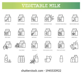 Alternative milk, vegan milk, vegetable milk simple thin line icon set vector illustration. Contains icons : soya, coconut, almond, walnut, cashew, rice, oat, hazelnut milk.