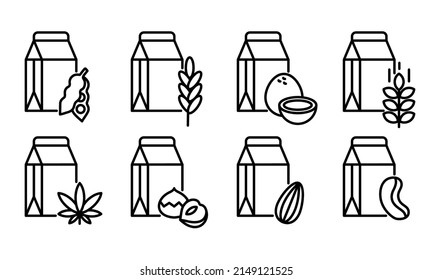 Leche alternativa, vegana, vegetal simple línea delgada icono conjunto de ilustración vectorial. Contiene iconos: soja, coco, almendras, cáñamo, anacardos, arroz, avena, maníes.
