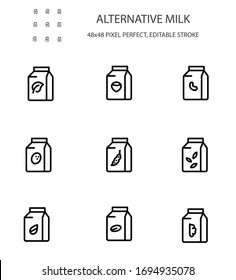 Alternative milk, vegetarian milk simple line icon set vector illustration. Editable stroke. 48x48 Pixel Perfect. Contains icons such as cashew, soya, rice, almond, coconut, walnut, hazelnut, oat.