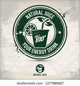 alternative natural juice stamp containing: two environmentally sound eco motifs in circle frames, grunge ink rubber stamp effect, textured paper background, eps10 vector illustration