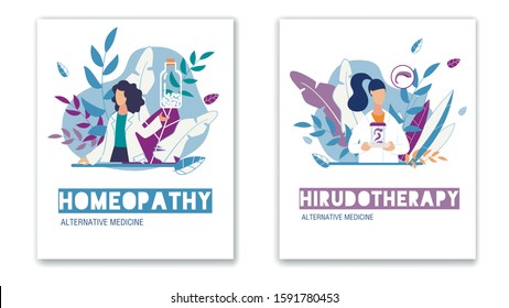 Alternative Natural Medicine. Health Care. Homeopathy and Hirudotherapy Vertical Poster Flat Set. Medical Leech and Homeopathic Pills in Glass Bank. Cartoon Doctors or Pharmacists. Vector Illustration