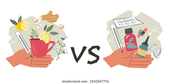 Remedios farmacéuticos naturales y tradicionales alternativos para aliviar los síntomas del resfriado y la gripe, las enfermedades virales y aumentar la inmunidad. Remedios naturales vs tratamiento médico Anuncio, Ilustración vectorial plana.