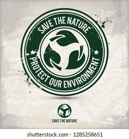 alternative nature saving stamp containing: two environmentally sound eco motifs in circle frames, grunge ink rubber stamp effect, textured paper background, eps10 vector illustration