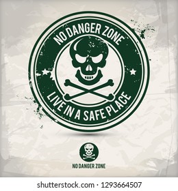 alternative no danger zone stamp containing: two environmentally sound eco motifs in circle frames, grunge ink rubber stamp effect, textured paper background, eps10 vector illustration