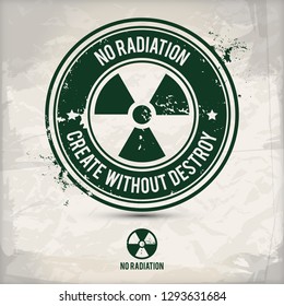 alternative no radiation stamp containing: two environmentally sound eco motifs in circle frames, grunge ink rubber stamp effect, textured paper background, eps10 vector illustration