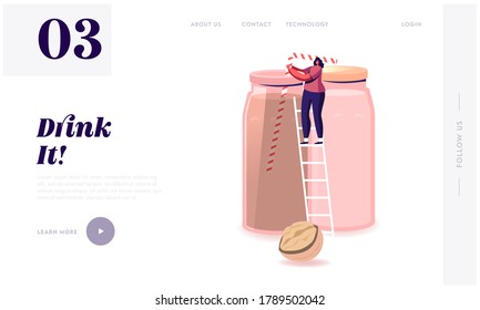 Alternative Non Lactose Drink, Healthy Nut Beverage Landing Page Template. Tiny Woman Vegan Character Drinking Dairy Free Milk of Walnuts. Vegetarian Nutrition, Dieting. Cartoon Vector Illustration