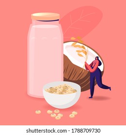 Alternative Non Lactose Drink, Vegan Character Drinking Dairy Free Milk Made of Coconut and Soy Beans. Healthy Nut Beverage, Vegetarian Raw Meals Nutrition and Dieting. Cartoon Vector Illustration