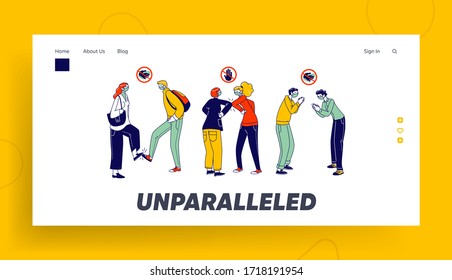 Alternative Non-contact Greet During Coronavirus Epidemic Landing Page Template. Friends Characters Greeting Each Other with Feet and Elbows Instead of Handshake. Linear People Vector Illustration