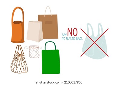 Alternative to plastic pack. Eco-friendly bag various against plastic. Say no to plastic bags text and plastic bag crossed out. Flat vector illustration isolated. Use reusable package
