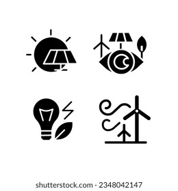 Alternative power sources black glyph icons set on white space. Sustainable energy. Environmental friendly industry. Silhouette symbols. Solid pictogram pack. Vector isolated illustration