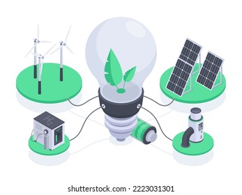 Alternative Energiequellen, isometrisches Konzept der erneuerbaren Energien. Umweltfreundliche Energiequellen, Solarpaneele und Windgenerator 3D Vektorgrafik. Grünes Energiekonzept