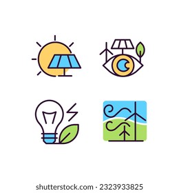 Alternative power sources pixel perfect RGB color icons set. Sustainable energy. Eco friendly industry. Isolated vector illustrations. Simple filled line drawings collection. Editable stroke
