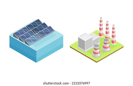 Alternative power sources set. Electric power station. Clean energy production isometric vector illustration