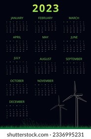 Plantilla de diseño de calendario de pared de fuentes de energía alternativas para 2023 año. Página única editable 12 meses en blanco. La semana comienza el domingo. Cartel personalizado de año completo listo para imprimir. Abrir fuente Sans utilizada