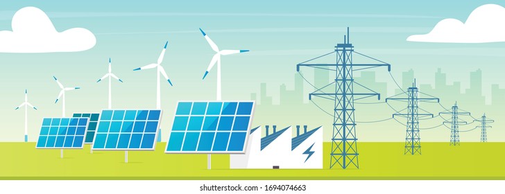 Alternative power station flat color vector illustration. Eco friendly facility 2D cartoon landscape with cityscape on background. Environmentally safe wind turbines, solar panels with electric towers