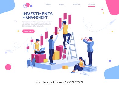 Avance alternativo, construcción y gestión de inversiones para la empresa. Los mercados conjuntos y las operaciones en aumento. Crecimiento de la carrera bancaria para el éxito. Concepto de ambición plana con ilustración vectorial isométrica de carácter