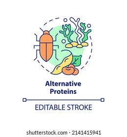 Alternative proteins concept icon. Food industry. Agricultural trends abstract idea thin line illustration. Isolated outline drawing. Editable stroke. Arial, Myriad Pro-Bold fonts used