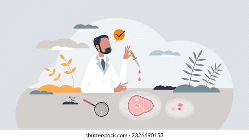 Alternative proteins as plant based or artificial meat solution tiny person concept. Sustainable and environmental nutrition supplement with harvested beef and meatless substitute vector illustration