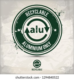 alternative recyclable alu stamp containing: two environmentally sound eco motifs in circle frames, grunge ink rubber stamp effect, textured paper background, eps10 vector illustration