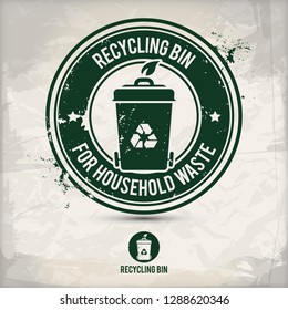 alternative recycling bin stamp containing: two environmentally sound eco motifs in circle frames, grunge ink rubber stamp effect, textured paper background, eps10 vector illustration