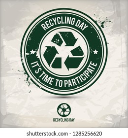alternative recycling day stamp containing: two environmentally sound eco motifs in circle frames, grunge ink rubber stamp effect, textured paper background, eps10 vector illustration
