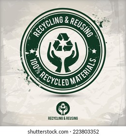 alternative recycling and reusing stamp on textured background, which is made from several transparent layers for a worn, rubbed effect, therefore saved in eps 10