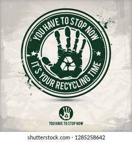 alternative recycling time stamp containing: two environmentally sound eco motifs in circle frames, grunge ink rubber stamp effect, textured paper background, eps10 vector illustration