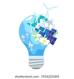 Alternative renewable energy concept. Solar panel, wind turbines, tidal turbine on Earth. Electric light bulb. Simple flat design. Vector illustration.