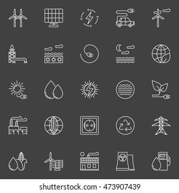 Alternative and renewable energy icons. Vector collection of white linear energy resources symbols or signs on dark background
