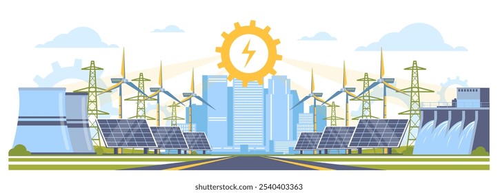 Alternative renewable energy resources. Green natural power stations different types. Windmill generators. Eco technologies. Nuclear generation. Environment conservation