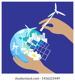 Alternative renewable energy. Safe environment. Solar panel, wind turbines, tidal turbine. Earth in hands. Simple flat design. Vector illustration.