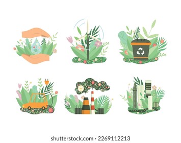 Fuentes de energía alternativas y renovables. Ilustración vectorial de dibujos animados ecológicos