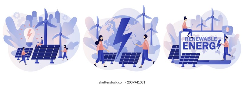 Alternative renewable energy. Tiny people on Power plant with solar panels and windmills. Green energy concept. Eco Industry. Modern flat cartoon style. Vector illustration on white background