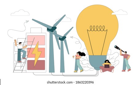 Concepto alternativo de energía eólica renovable. Energía eólica. Turbinas eólicas. Conservación de los recursos del planeta. Ilustración plana del vector aislada en fondo blanco