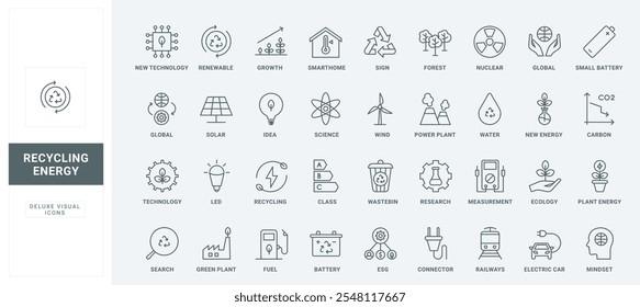 Recurso alternativo, pesquisa científica e ideia de sustentabilidade fino preto esboço símbolos ilustração vetorial. Tecnologia sustentável de proteção ambiental e conjunto de ícones de linha de energia verde.