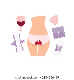 Alternative reusable means for menstruation. Pads, tampons, menstrual cups. Eco Feminine hygiene item.