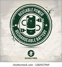 alternative reusable power stamp containing: two environmentally sound eco motifs in circle frames, grunge ink rubber stamp effect, textured paper background, eps10 vector illustration