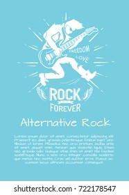 Alternative rock music forever poster with musician playing on electric guitar. Vector illustration of rocker surrounded by doodles on light blue background