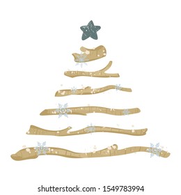 Alternative rustic christmas tree. Modern flat concept. Cute vector greeting card, print, label, poster, sign.