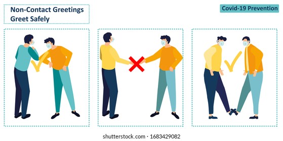 Alternative safe greetings to avoid physical contact and to practice social distancing. Non-Contact Greetings during the COVID-19 period. Elbow bump. Foot tap. Coronavirus. Flat vector illustration.