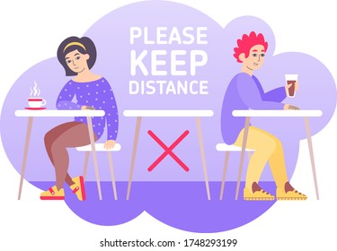 Alternative seating mark for social distance rules in the cafe. New normal lifestyle concept. A man and a woman sit a distance apart. Please keep safe distance.