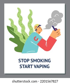 Alternative smoking or vaping banner template with man in puffs of tobacco smoke, flat cartoon vector illustration. Vapers and electronic cigarettes banner or poster.