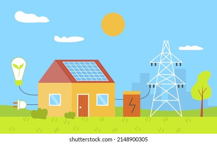 Alternative Solar Energy And Eco Friendly House With Solar Panels On Roof. Green Electricity Tariff. Concept Illustration For Renewable Power Resources.