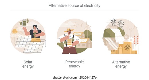 Alternative source of electricity abstract concept vector illustration set. Solar energy, renewable sources, solar panels, wind turbine, eco green house, save natural resources abstract metaphor.